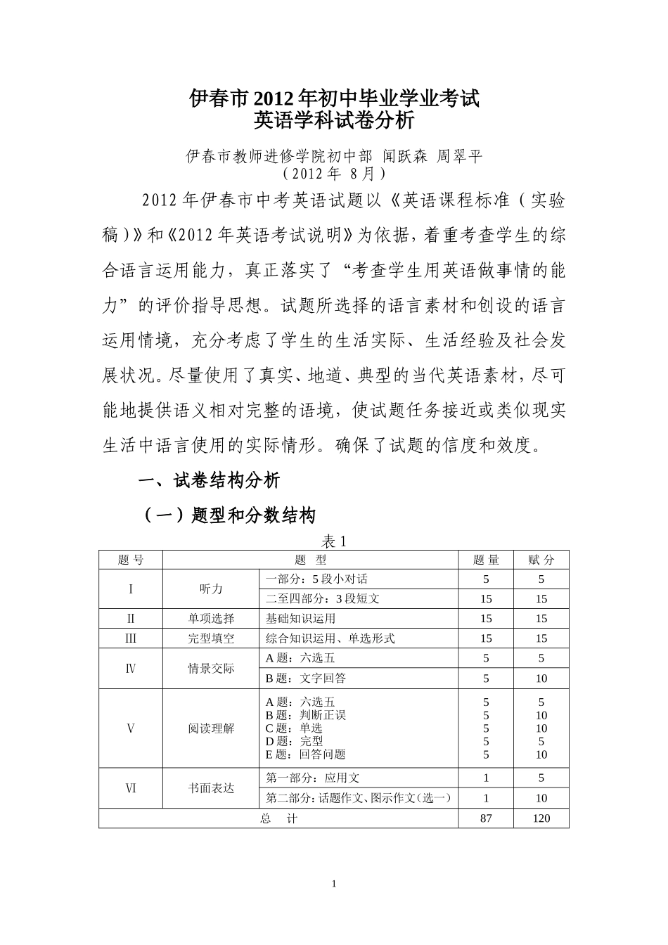 伊春市2012年初中毕业学业考试英语学科试卷分析_第1页