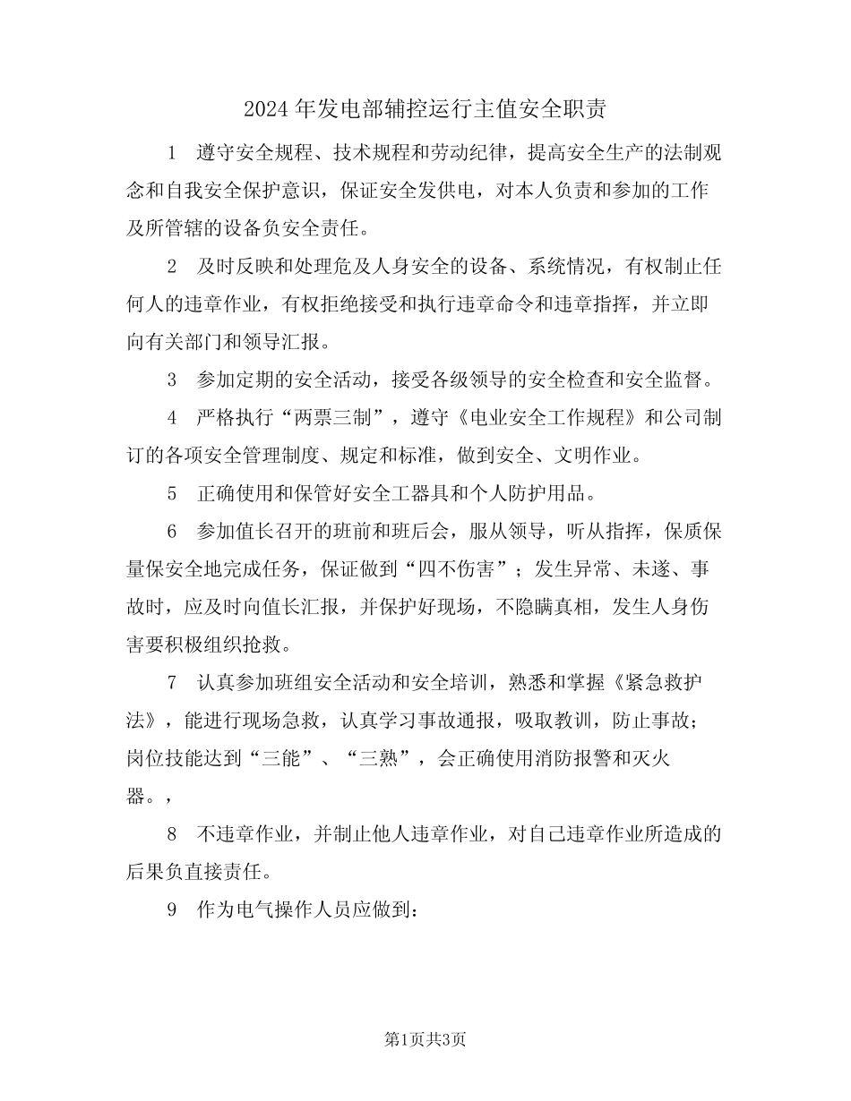 2024年发电部辅控运行主值安全职责(二篇) _第1页