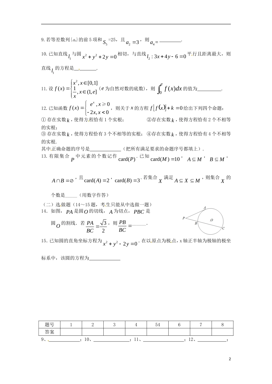 广东省深圳市松岗中学2013届高三数学-选择题填空题限时训练(3)理_第2页