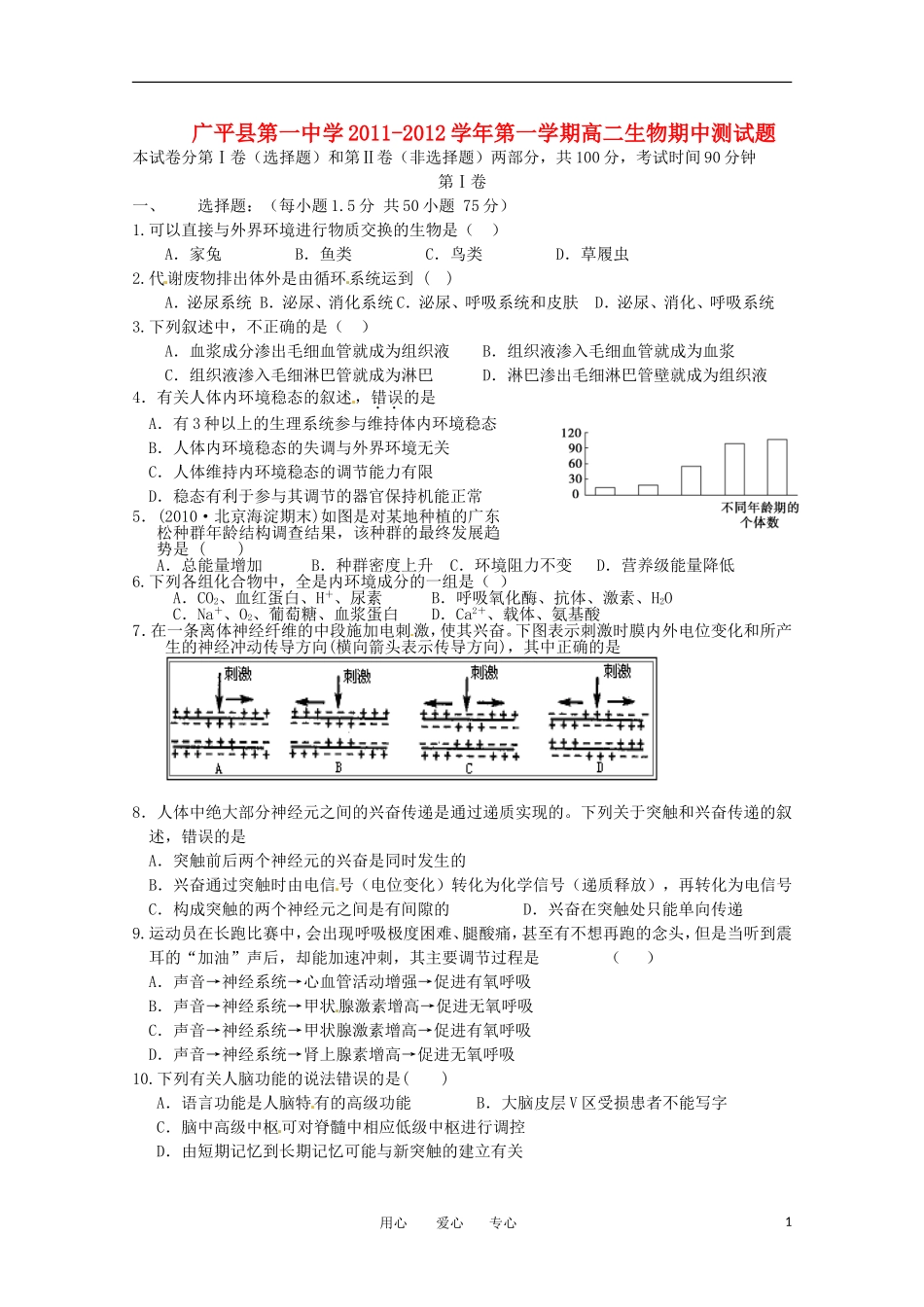 河北省广平县第一中学2011—2012学年高二生物上学期期中考试试题(无答案)_第1页