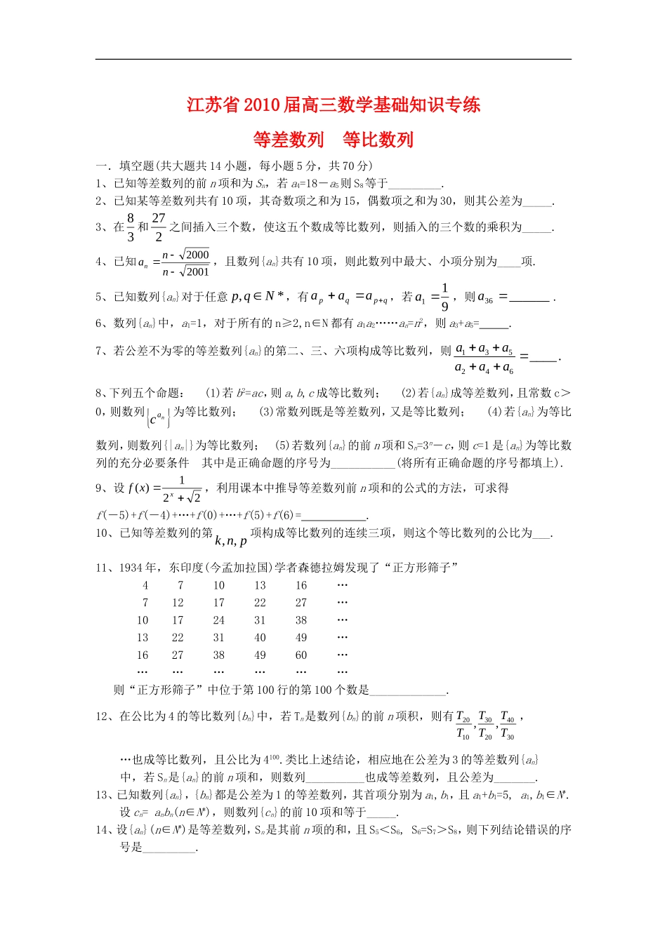 江苏省2010届高三数学基础知识专练-(6)数列新人教版_第1页