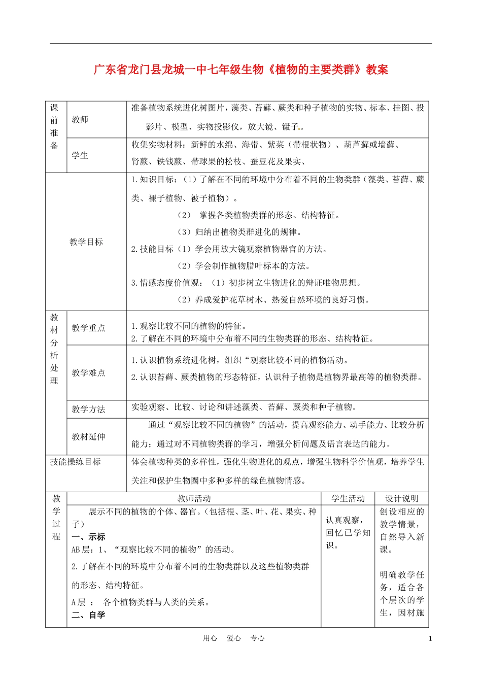 广东省龙门县龙城一中七年级生物《植物的主要类群》教案_第1页