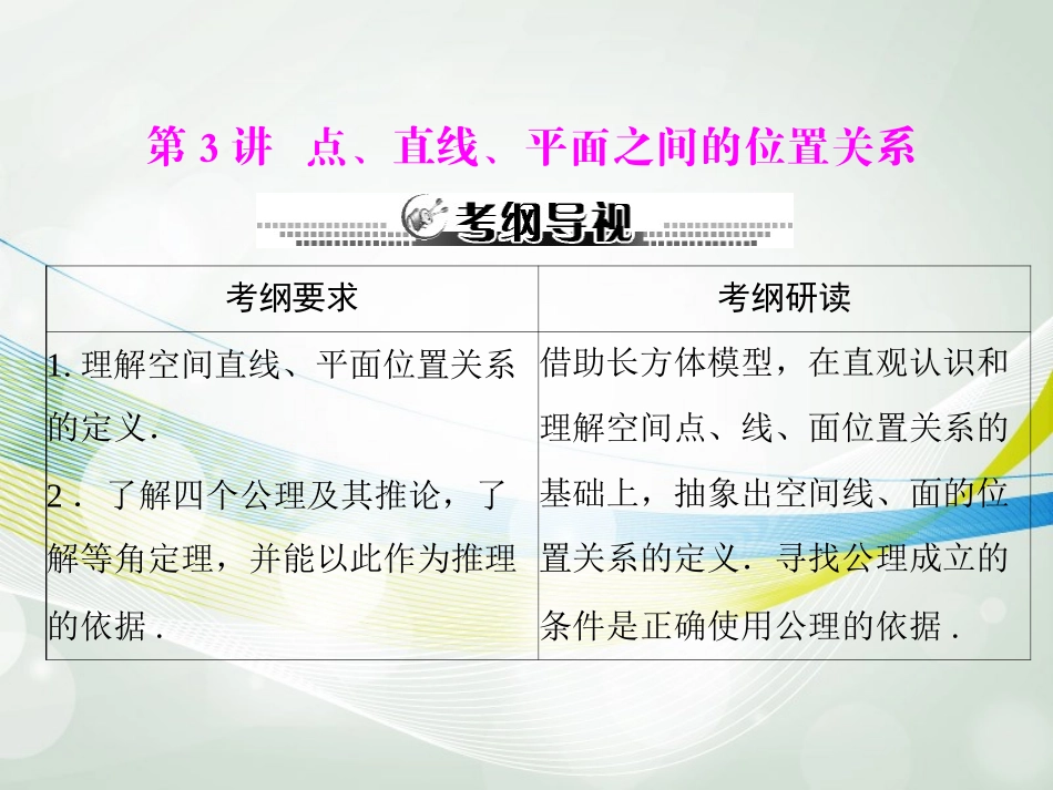 【南方新课堂】2014年高考数学一轮总复习-(基础轻过关+考点巧突破)第十三章-第3讲-点、直线、平面之间的_第1页
