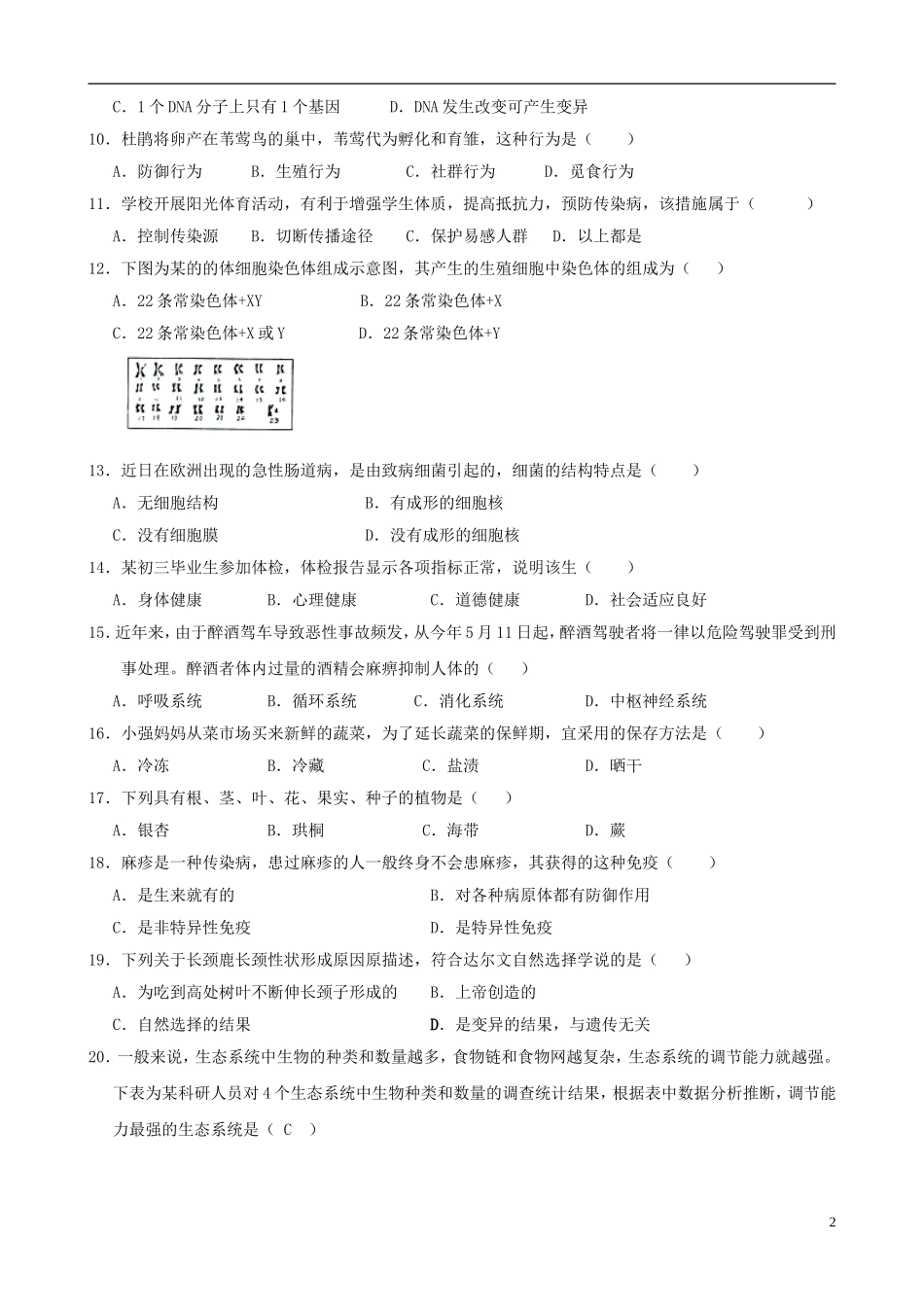 2012年初中生物学业水平模拟考试33(答案不全)_第2页