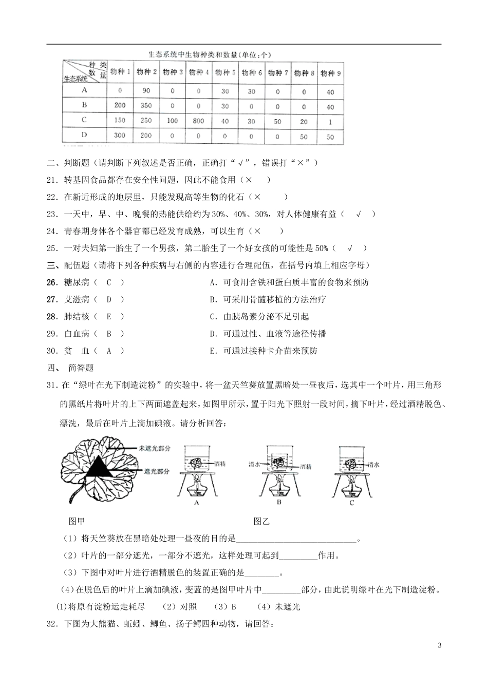 2012年初中生物学业水平模拟考试33(答案不全)_第3页