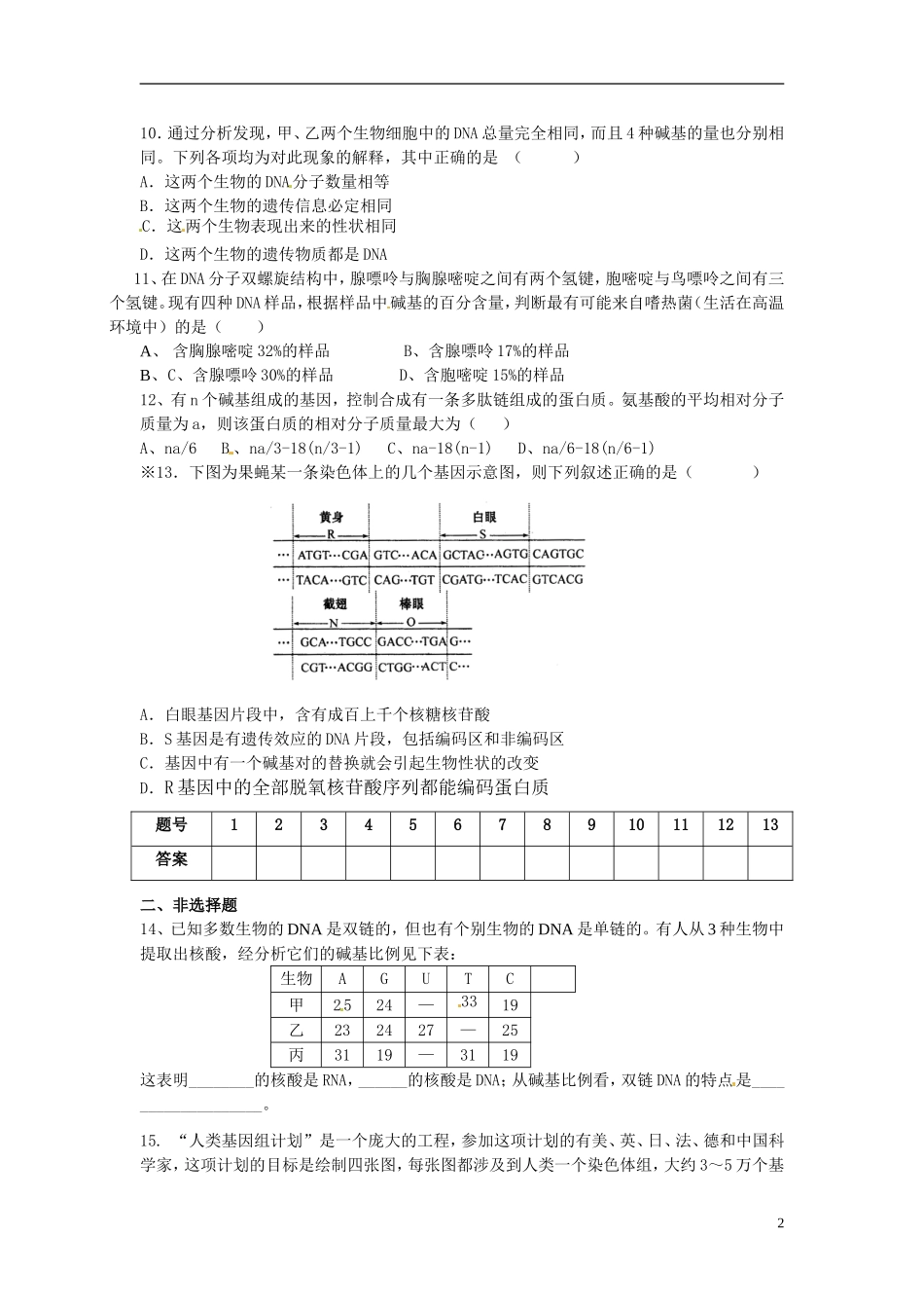山西省原平市高中生物-遗传与进化《第三章第4节基因是有遗传效应的DNA片段》检测题-新人教版必修2_第2页