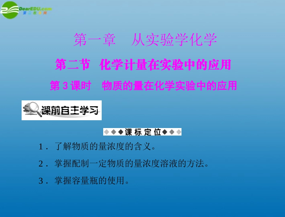 《随堂优化训练》2011年高中化学-第一章-从实验学化学-第二节-第3课时-物质的量在化学实验中的应用课件-新_第1页