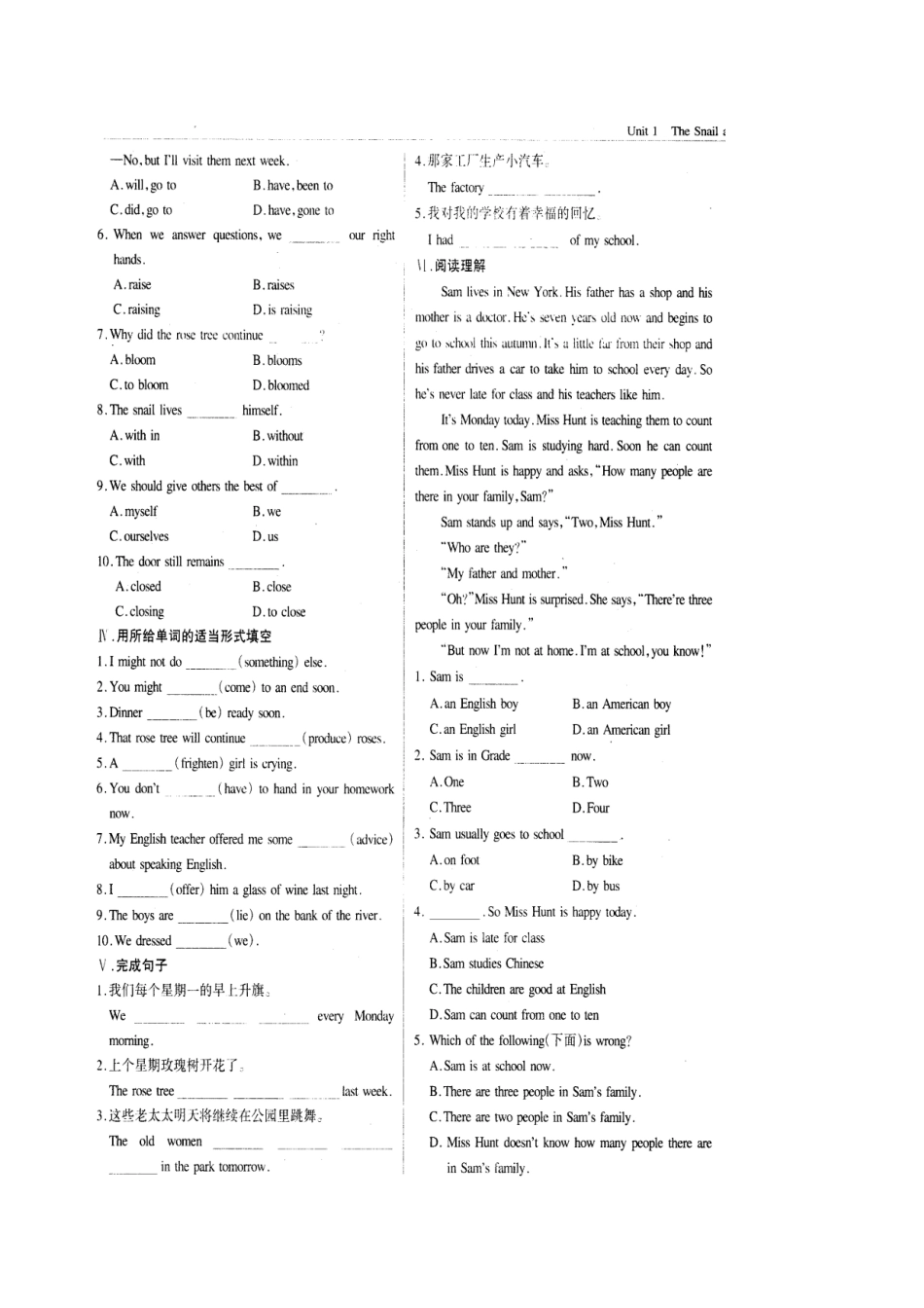 八年级英语上：Unit-1-The-Snail-and-the-Rose-Tree练习题(扫描版)北京课改版_第3页