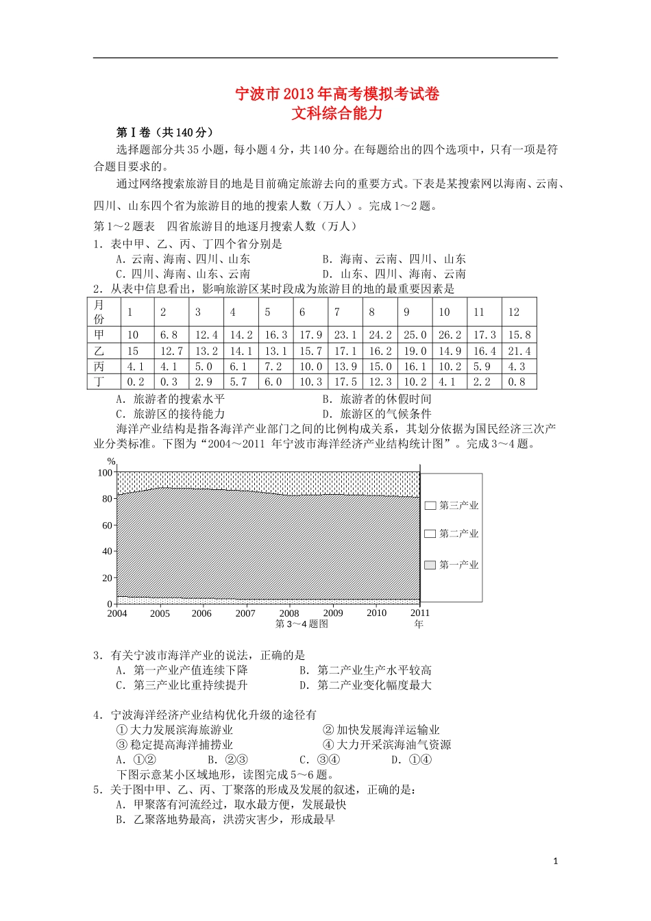 浙江省宁波市2013届高三文综第二次模拟考试试题(宁波二模)_第1页