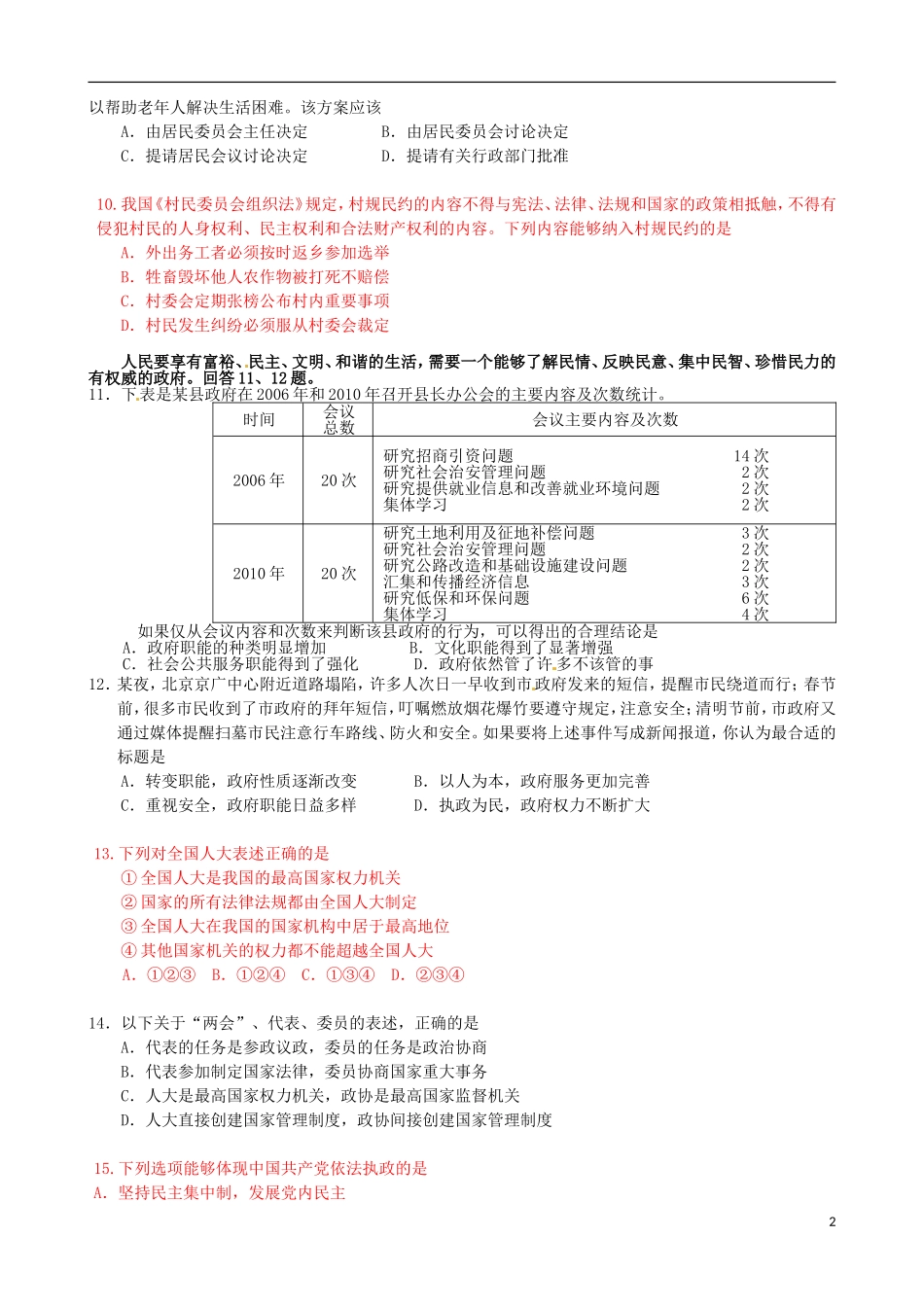 北京市房山区周口店中学九年级政治全册《政治生活》练习题(无答案)-新人教版_第2页