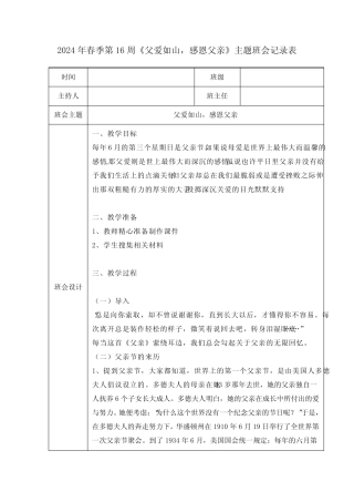 2024年春季第16周《父爱如山,感恩父亲》主题班会记录表 