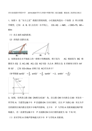 四川成都华阳中学2020年九年级中考数学第二轮压轴题：解直角三角形综合练习无答案,版