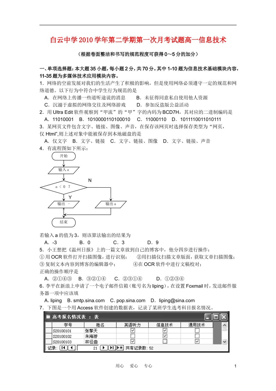 广东省白云中学2010-2011学年高一信息技术下学期第一次月考新人教版_第1页