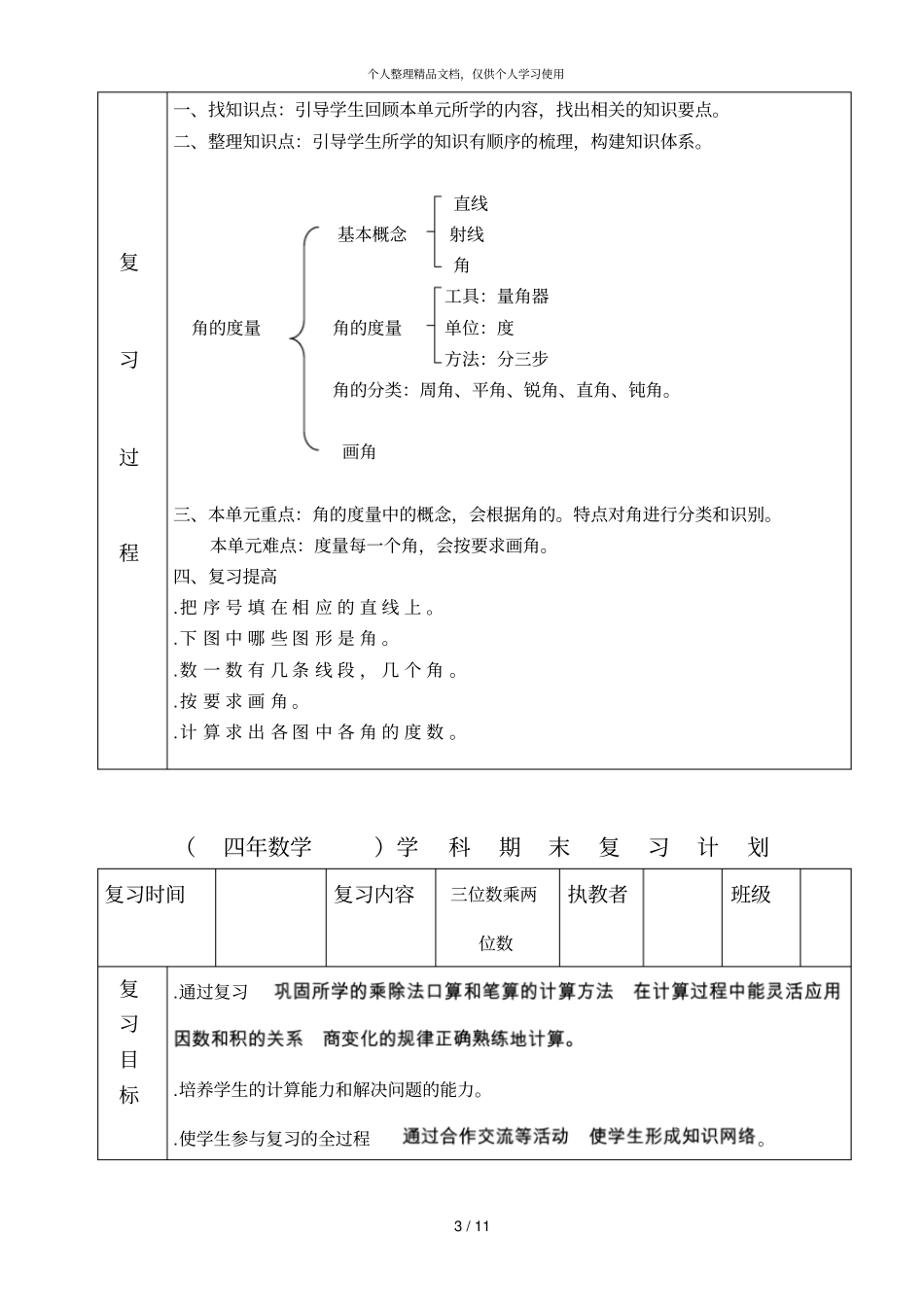 四年数学学科期末复习计划_第3页