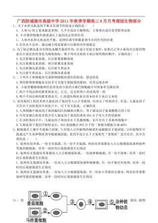 广西防城港市高级中学2011年秋季学期高三理综8月月考(生物部分)【会员独享】