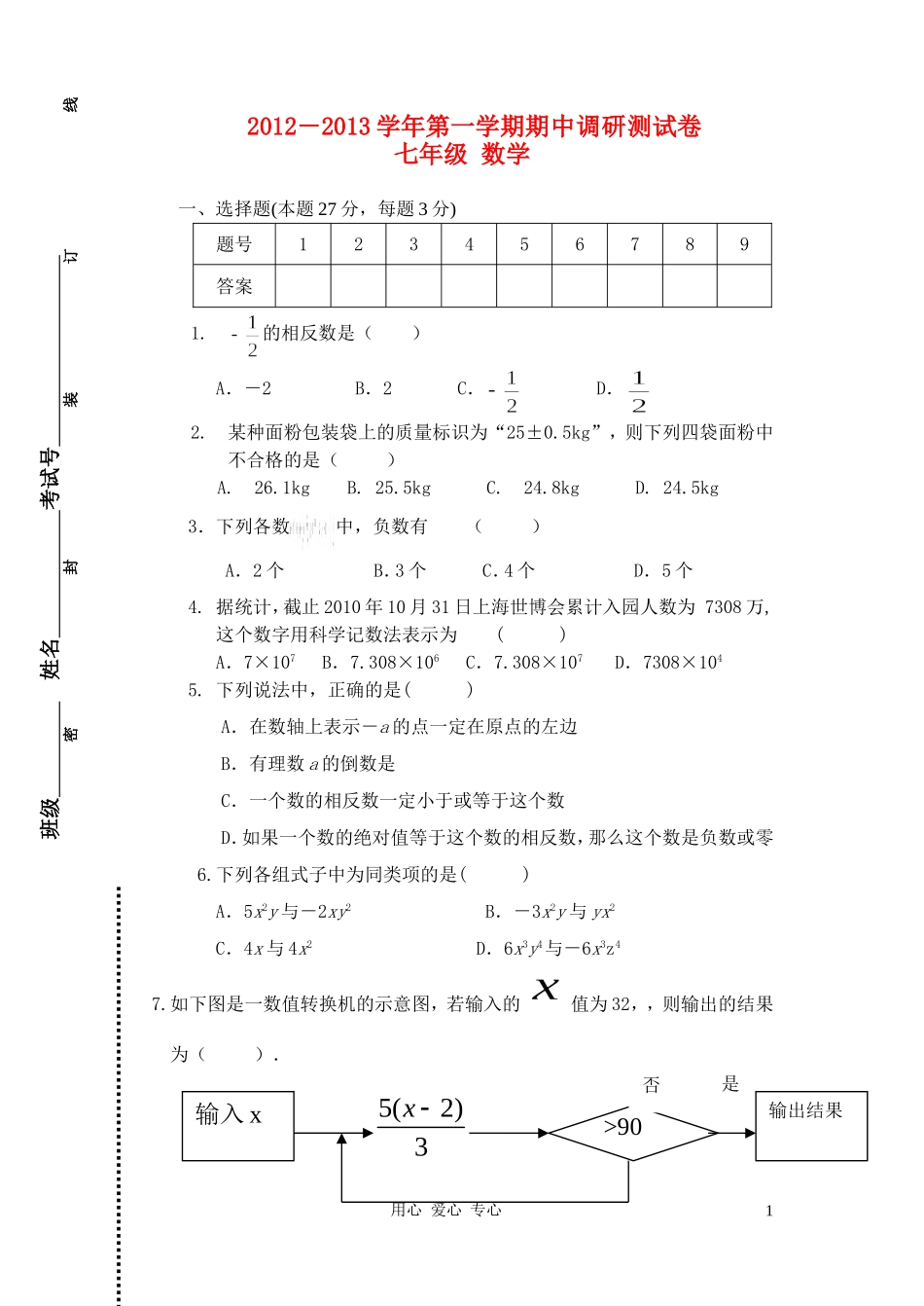 江苏省张家港市2012-2013学年七年级数学第一学期期中调研测试卷(无答案)-苏科版_第1页