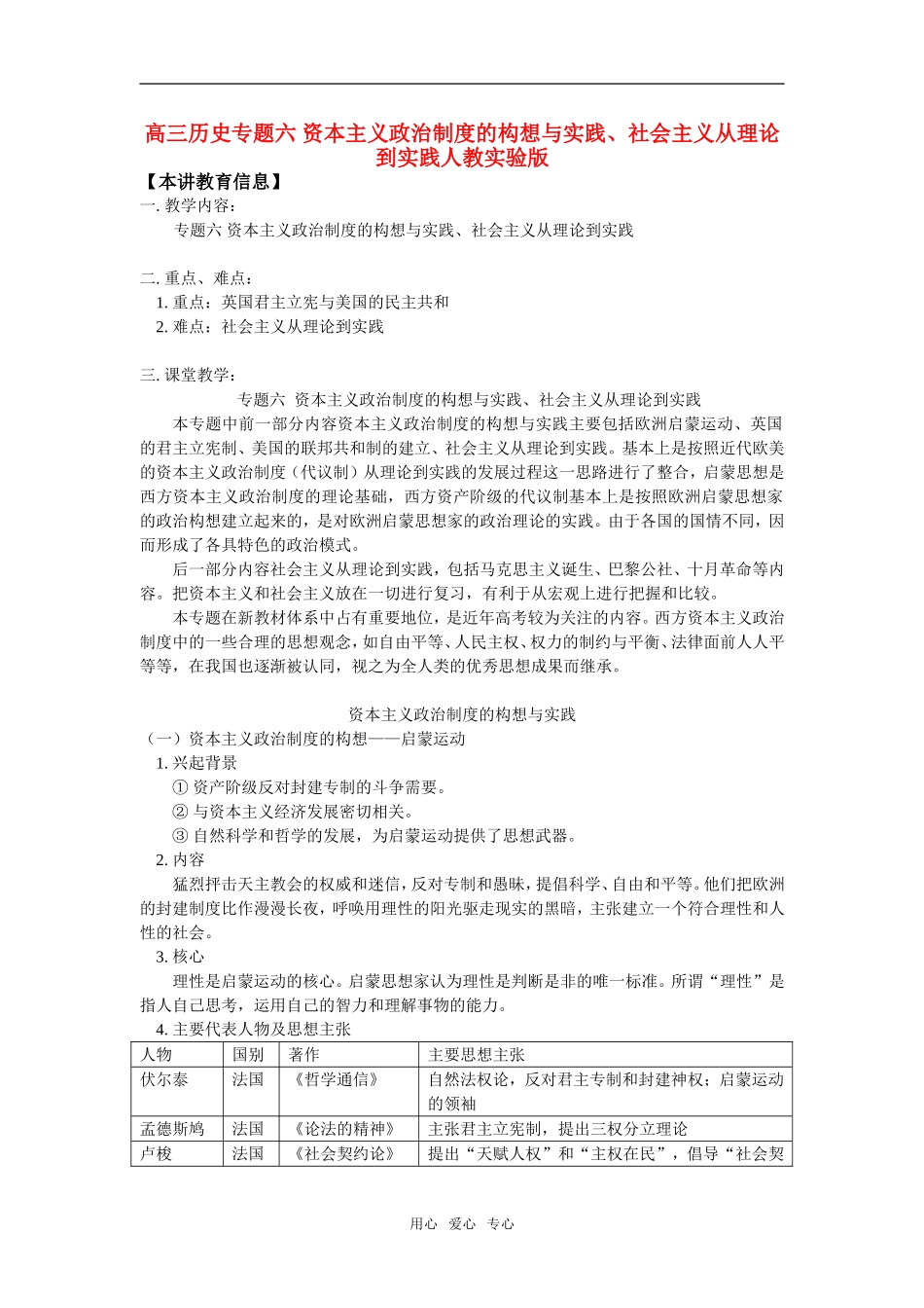 高三历史专题六-资本主义政治制度的构想与实践、社会主义从理论到实践人教实验版知识精讲_第1页
