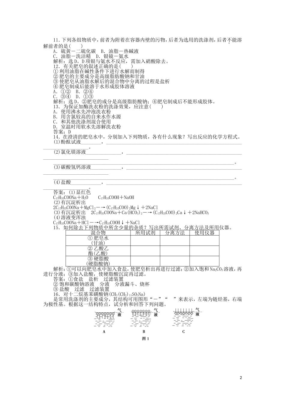 高中化学-4.2《课题二-表面活性剂-精细化学品》知能优化训练-新人教版选修2_第2页