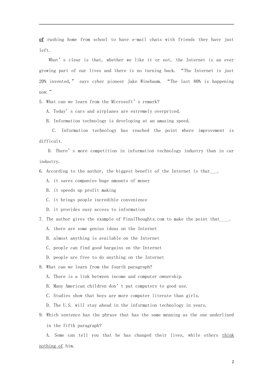 江苏省常熟市2014高考英语一轮-阅读理解暑假训练题(6)_第2页