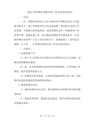 2024年供销社系统年度工作总结和次要点