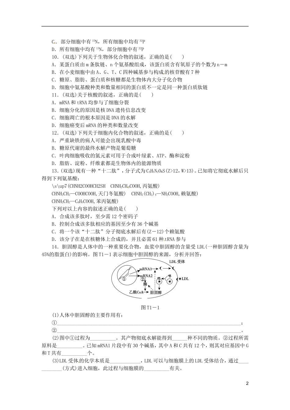 (浙江省专用)2013高考生物二轮复习-专题限时集训(一)-细胞化学成分的统一性_第2页