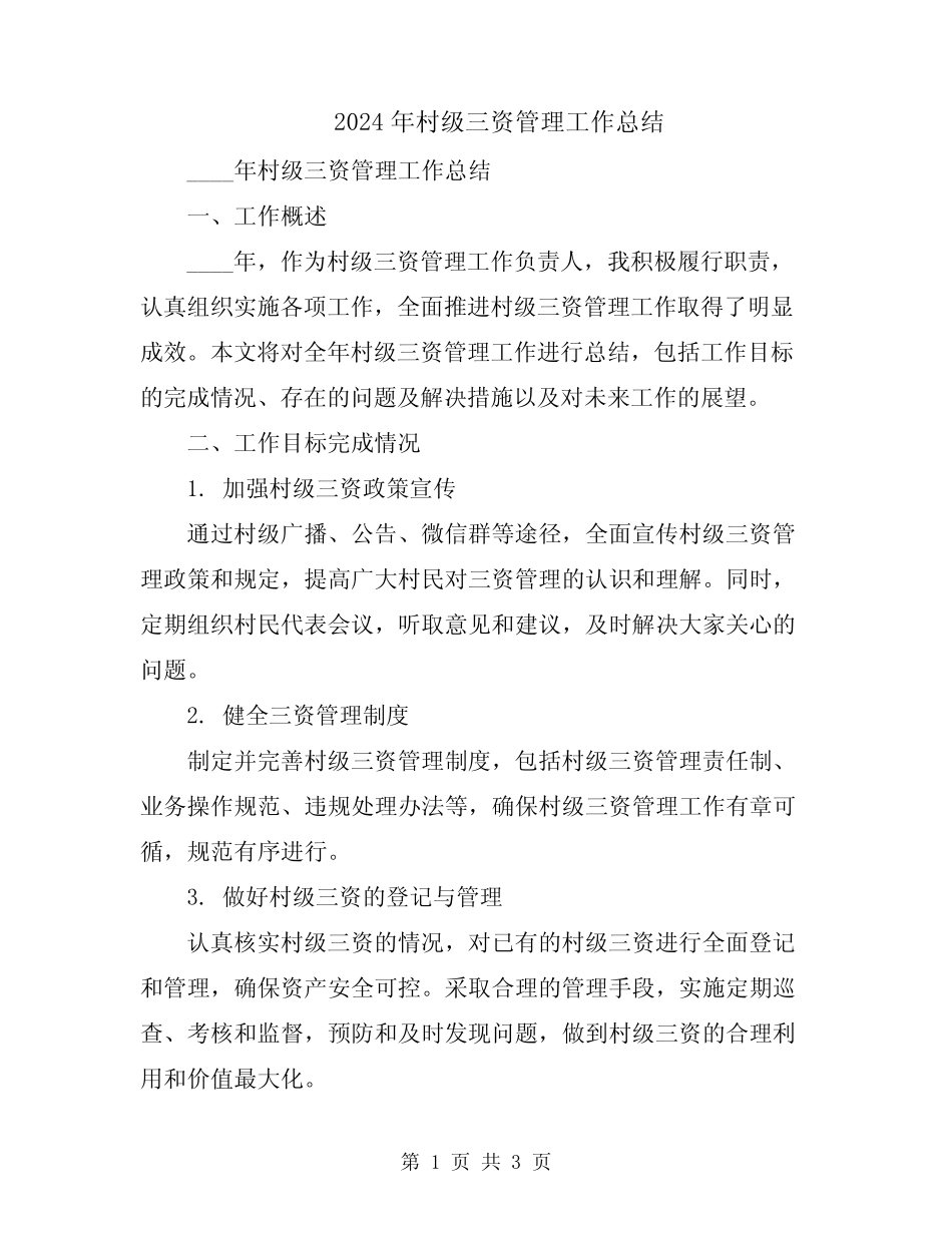 2024年村级三资管理工作总结_第1页