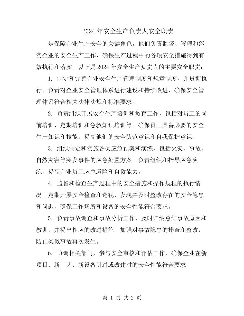 2024年安全生产负责人安全职责_第1页