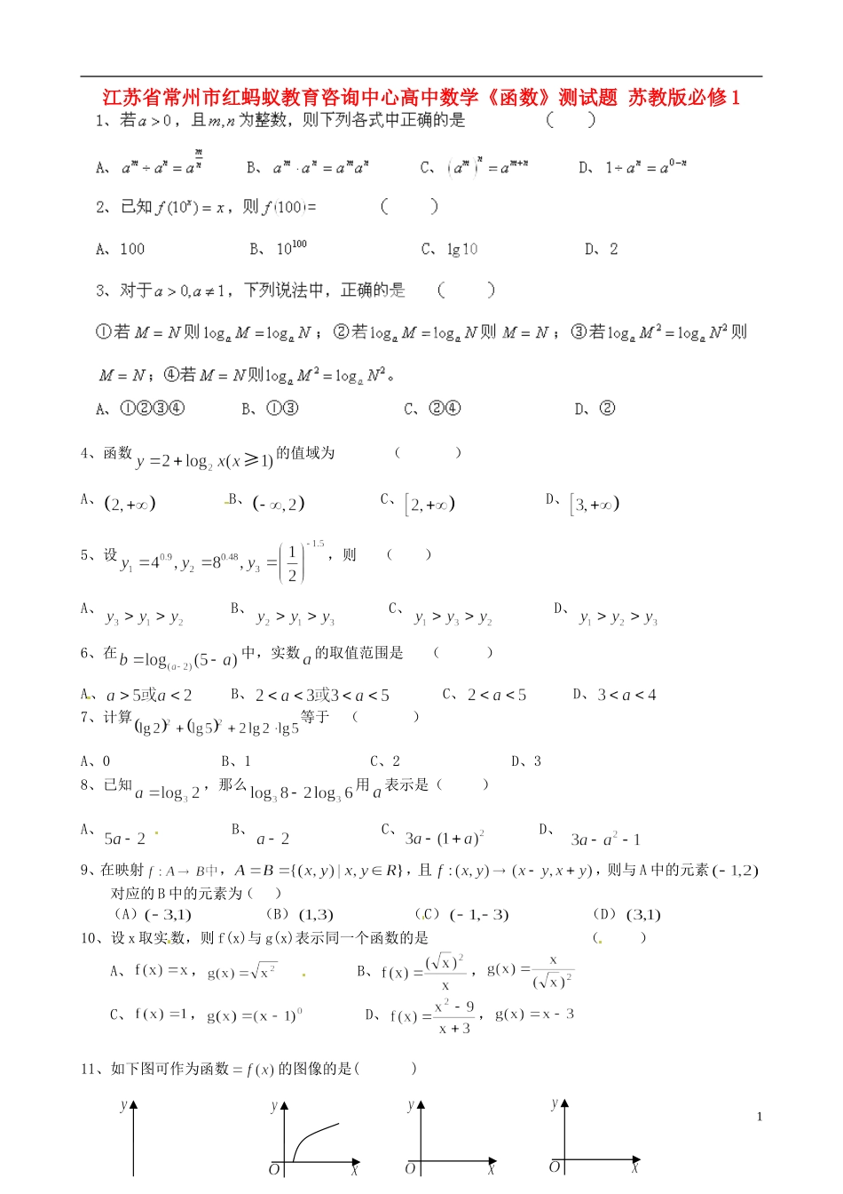 江苏省常州市红蚂蚁教育咨询中心高中数学《函数》测试题-苏教版必修1_第1页