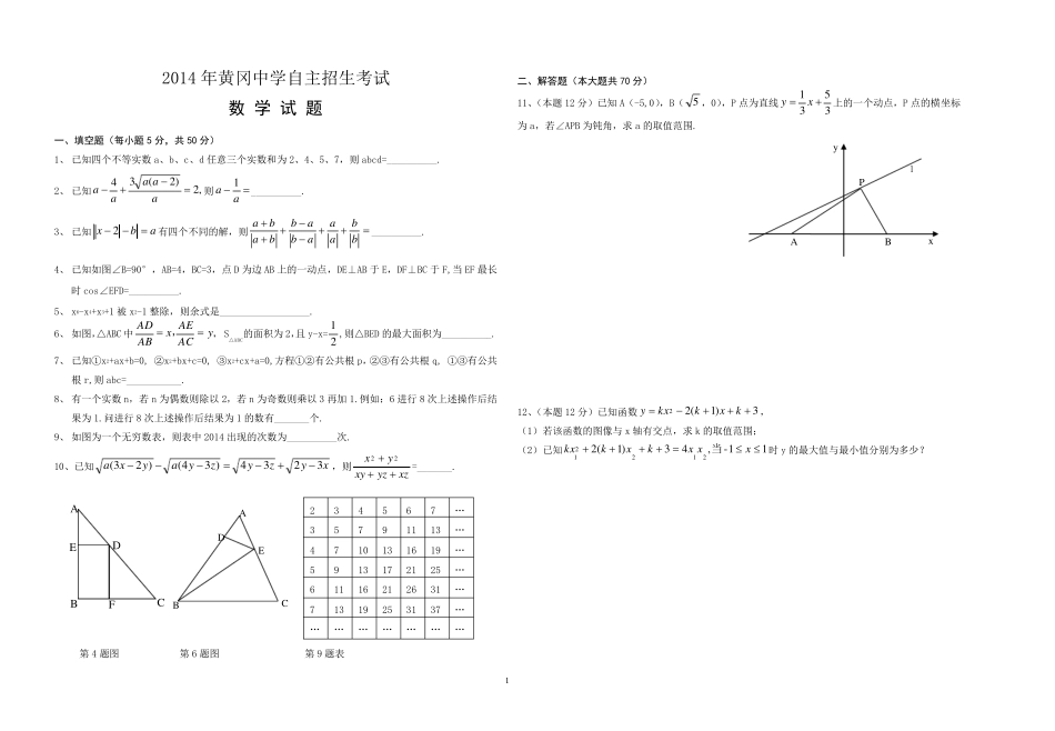 2014年湖北省黄冈中学自主招生数学试题 _第1页