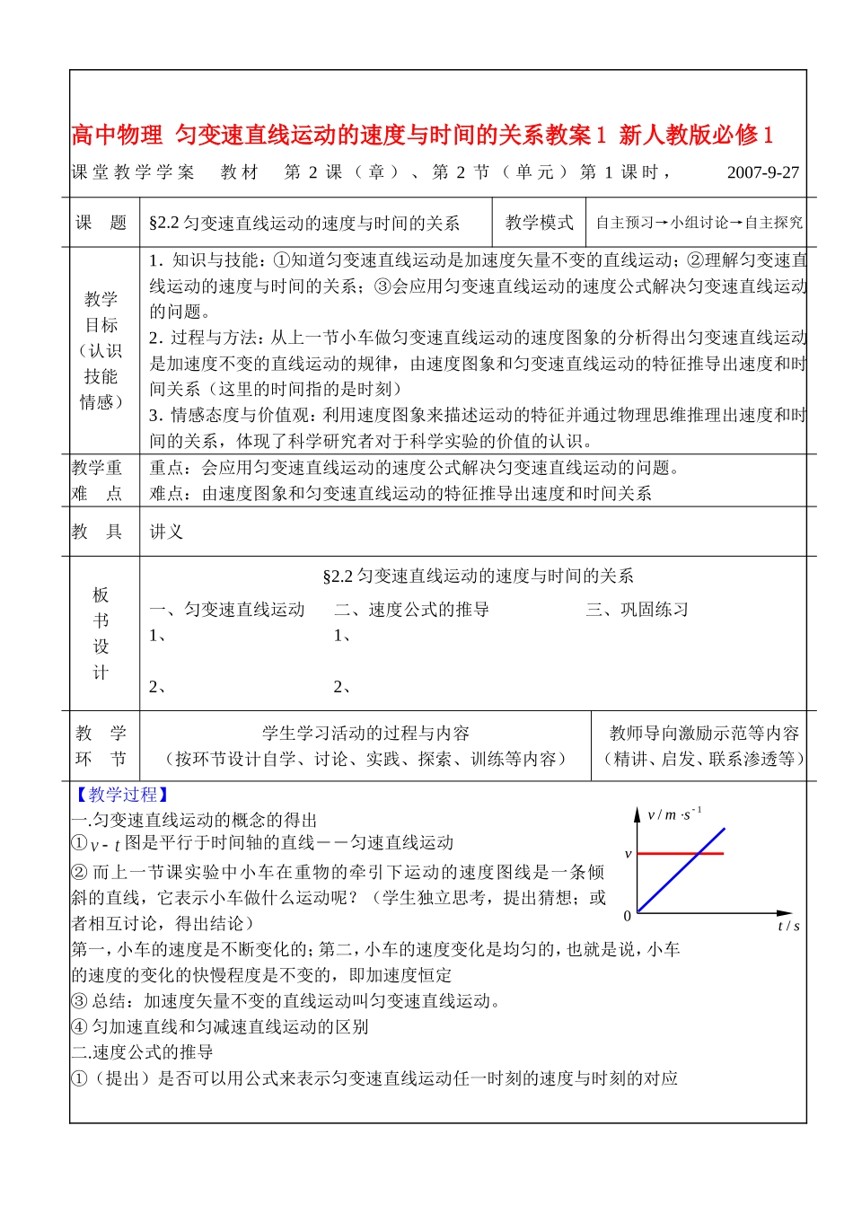 高中物理-匀变速直线运动的速度与时间的关系教案1-新人教版必修1_第1页