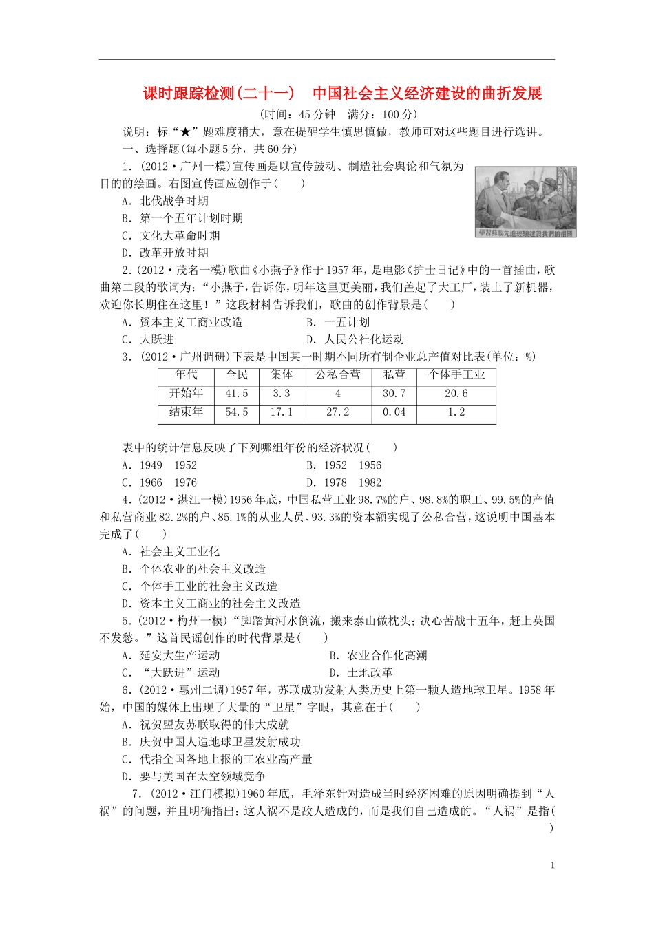 【三维设计】(广东专版)2014届高考历史一轮-课时跟踪检测(二十一)-中国社会主义经济建设的曲折发展-岳麓_第1页