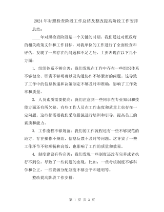 2024年对照检查阶段工作总结及整改提高阶段工作安排