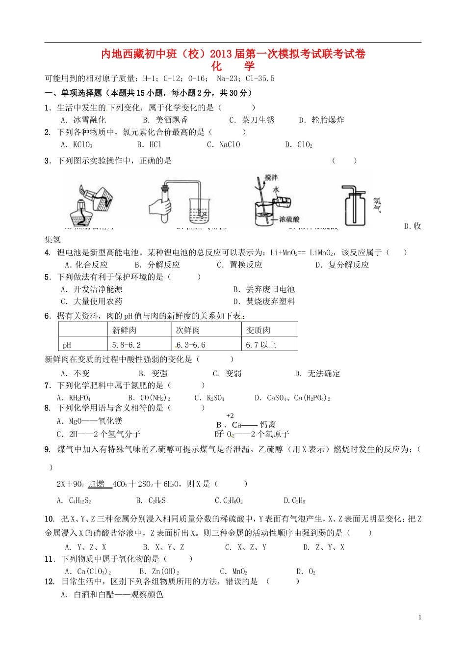 内地西藏班(校)2013届九年级化学第一次模拟考试试题(无答案)-新人教版_第1页