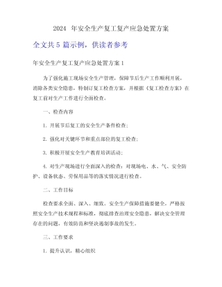 2024年安全生产复工复产应急处置方案 