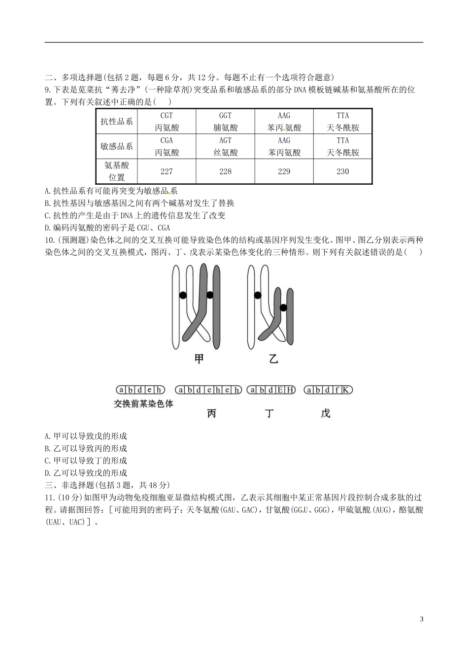 【全程复习方略】(江苏专用)2013版高中生物-5.1基因突变和基因重组课时提能演练-新人教版必修2_第3页