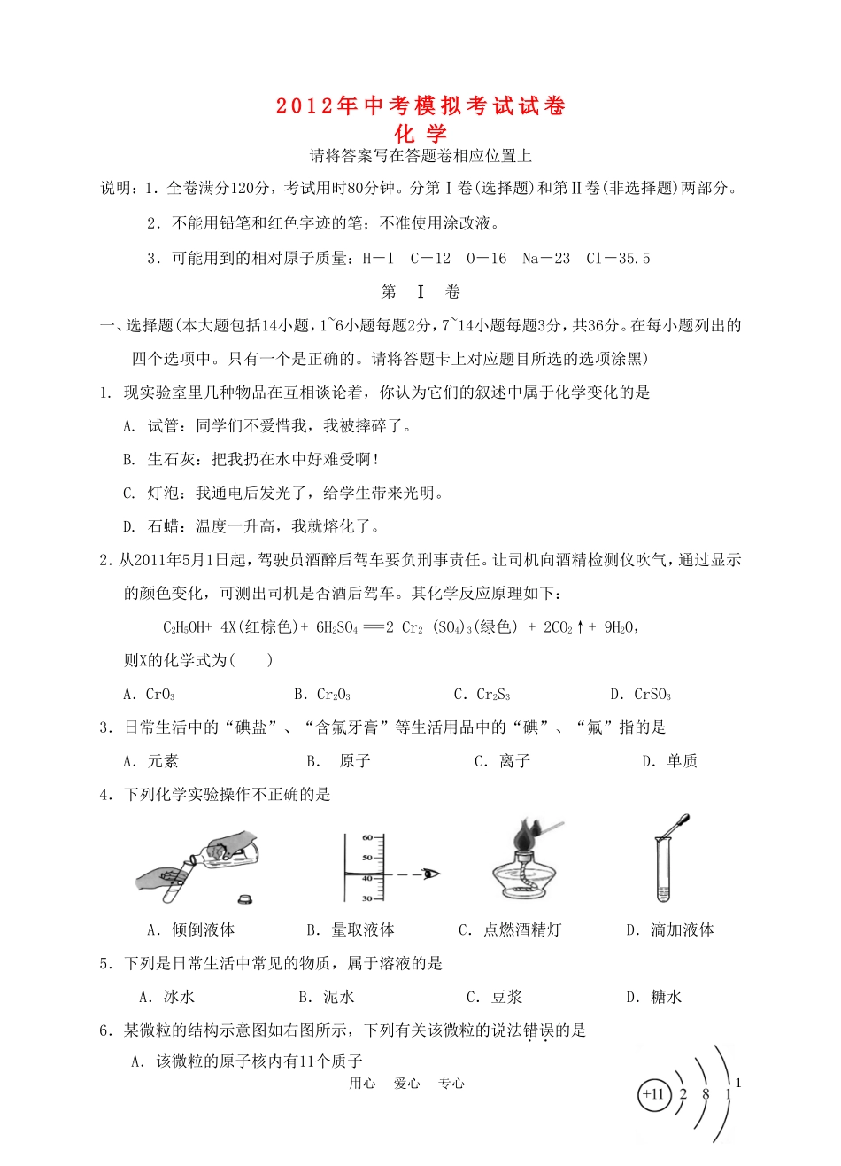广东省汕头市龙湖区2012年中考化学模拟考试卷-人教新课标版_第1页