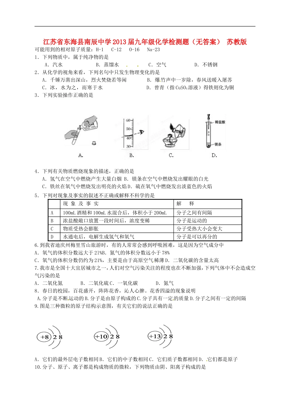 江苏省东海县南辰中学2013届九年级化学检测题(无答案)-苏教版_第1页