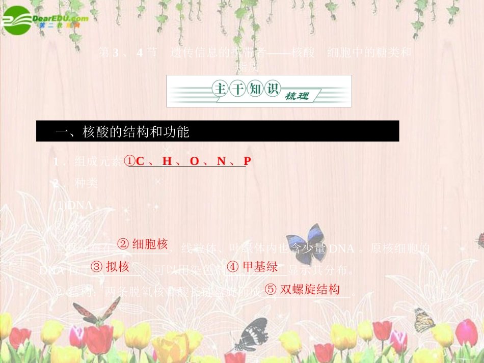 《金版》2011高三生物总复习-第二章-3、4节遗传信息的携带者—核酸-细胞中的糖类和脂质课件-苏教版_第1页