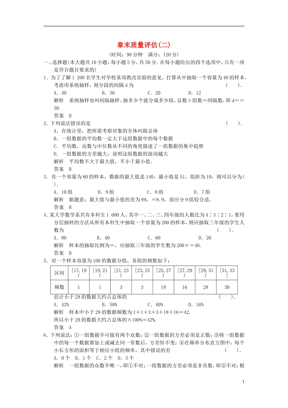 山东省高中数学《第二章-统计》章末质量评估-新人教A版必修3_第1页