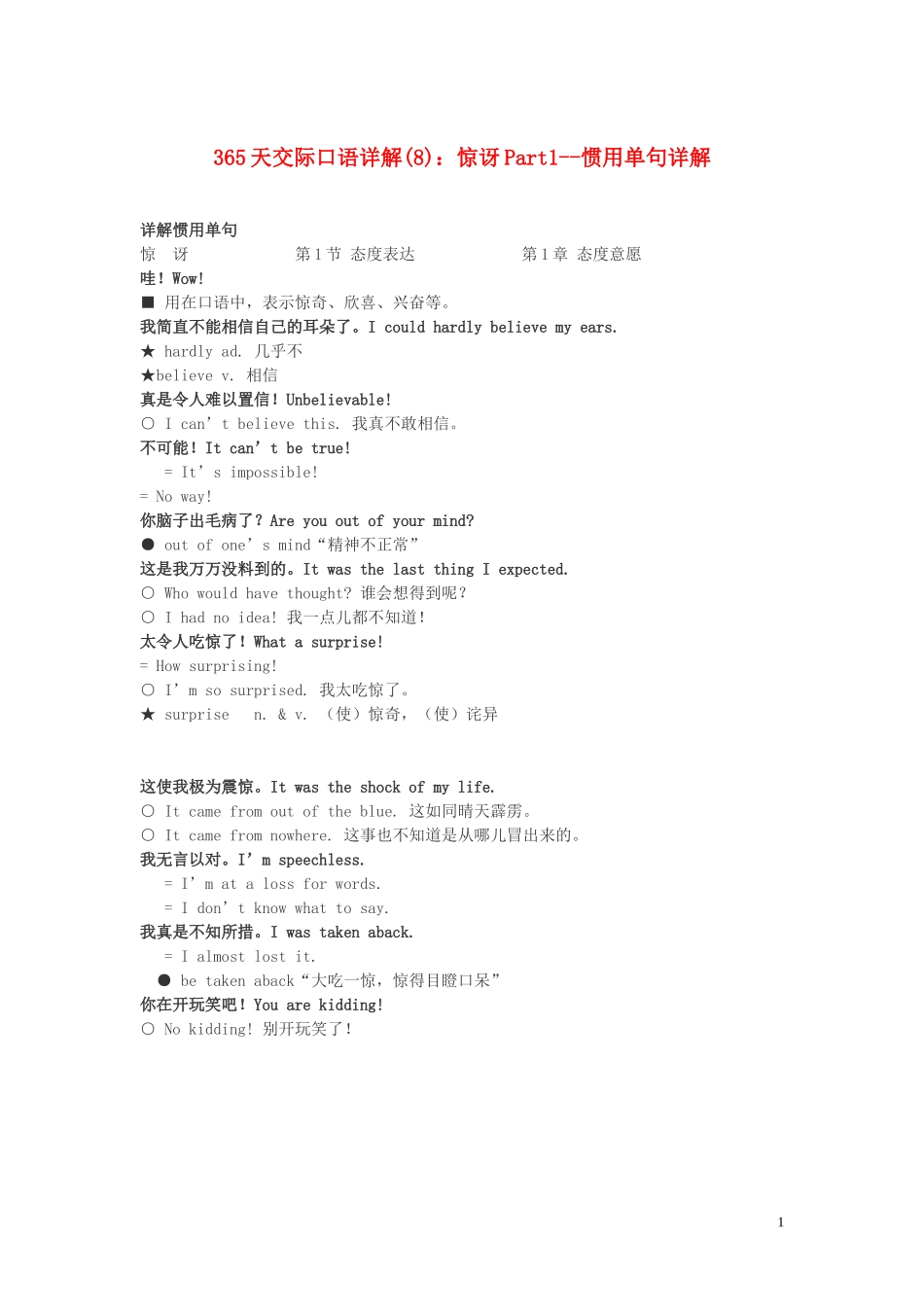高中英语-365天交际口语详解(8)-惊讶Part1-惯用单句详解素材_第1页