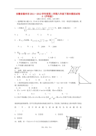 安徽省滁州市2011-2012学年度八年级数学第二学期期末模拟试卷A-沪科版
