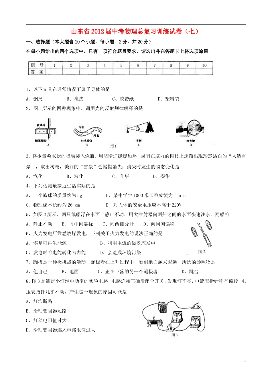 山东省2012届中考物理总复习训练试卷(七)_第1页