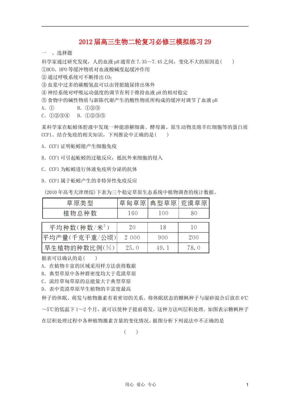 2012届高三生物二轮复习-模拟练习29-新人教版必修3_第1页