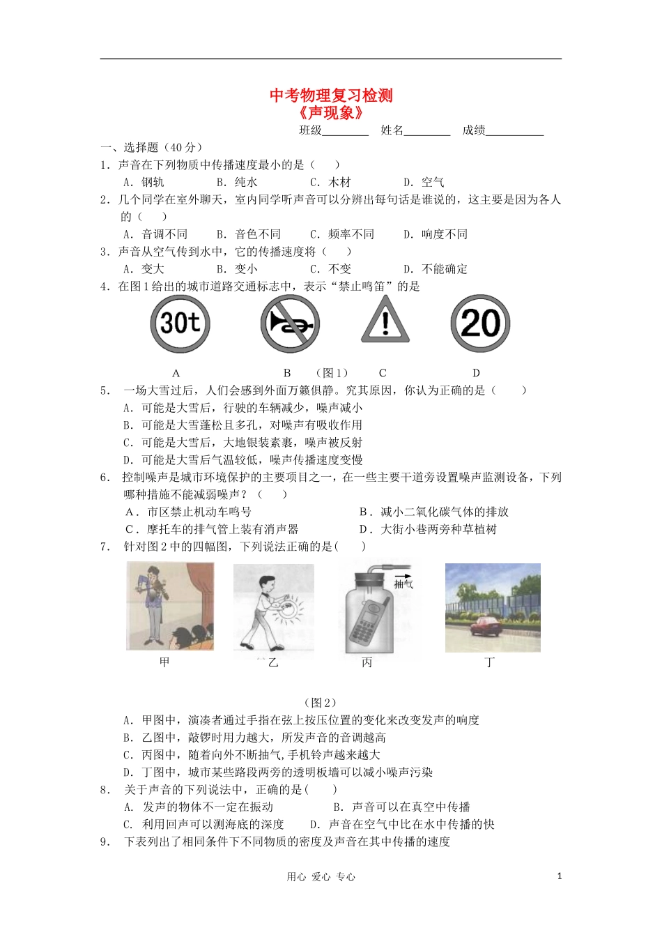 【考前精品】2012九年级物理总复习专题测试-声现象综合_第1页