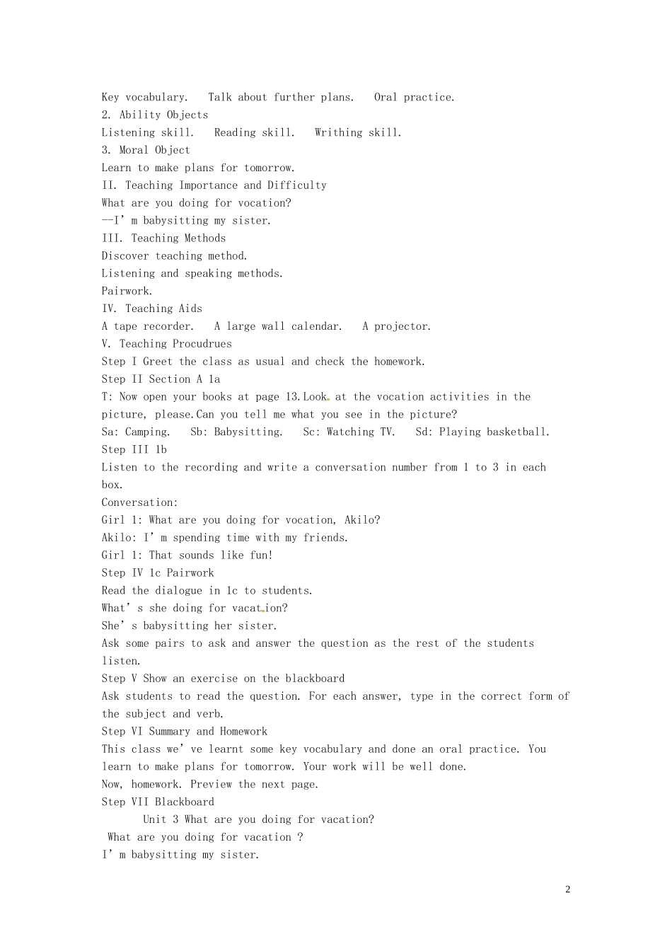 吉林省伊通县实验中学八年级英语上册《Unit-3-What-are-you-doing-for-vacation》教案1-人教新目标版_第2页