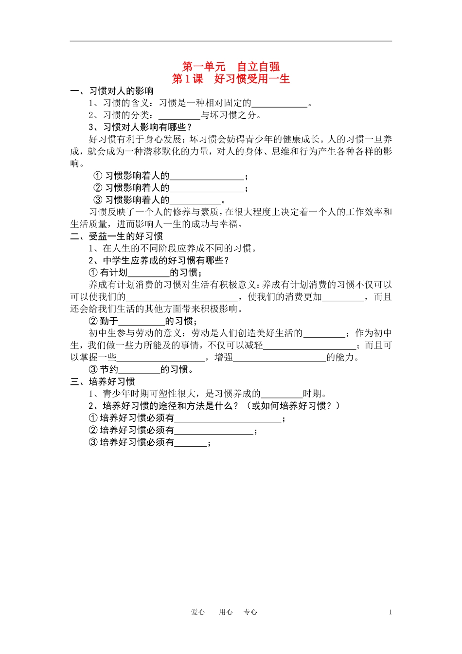 八年级思想品德上册《好习惯受用一生》知识要点--苏教版_第1页
