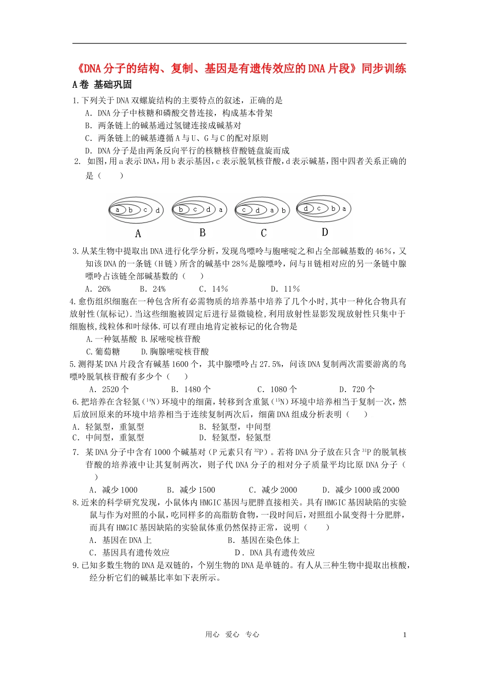 高中生物《DNA分子的结构复制基因是有遗传效应的DNA片段》同步训练-苏教版_第1页