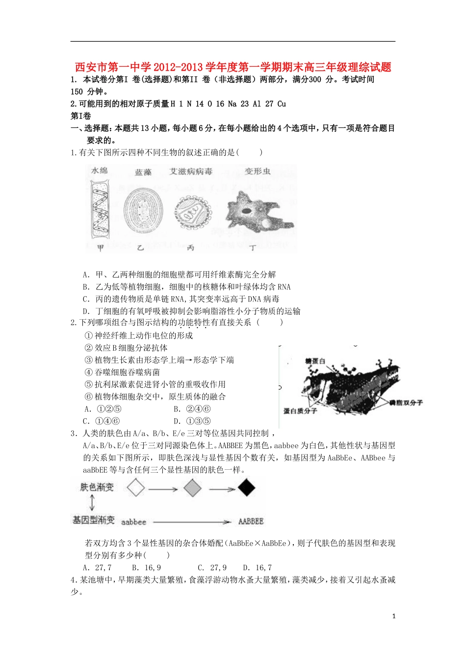 陕西省西安市2013届高三理综上学期期末考试新人教版_第1页