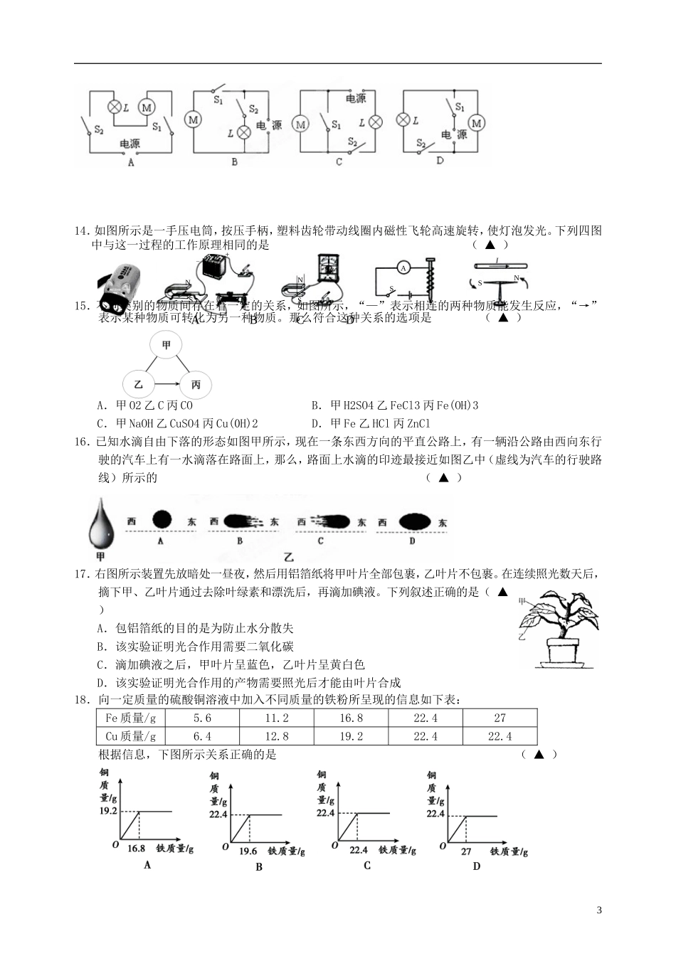 浙江省杭州市余杭区星桥中学2013届九年级科学毕业班质量自测试题_第3页