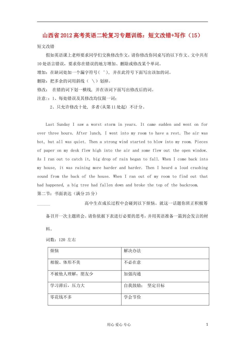 山西省2012高考英语二轮复习专题训练-短文改错+写作(15)_第1页
